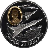 reverse of 20 Dollars - Elizabeth II - Aviation: Avro Canada CF-105 Arrow, James A. Chamberlin (1996) coin with KM# 277 from Canada. Inscription: CANADA 20 DOLLARS