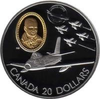 reverse of 20 Dollars - Elizabeth II - Aviation: Canadair F-86 Sabre, Fern Villeneuve (1997) coin with KM# 297 from Canada. Inscription: CANADA 20 DOLLARS