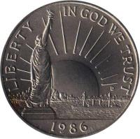 obverse of 1/2 Dollar - Statue of Liberty Centennial: Emigrant family looking toward mainland (1986) coin with KM# 212 from United States. Inscription: LIBERTY IN GOD WE TRUST<br/>1986