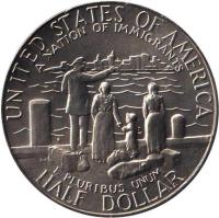 reverse of 1/2 Dollar - Statue of Liberty Centennial: Emigrant family looking toward mainland (1986) coin with KM# 212 from United States. Inscription: UNITED STATES OF AMERICA<br/>A NATION OF IMMIGRANTS<br/>E PLURIBUS UNUM<br/>HALF DOLLAR