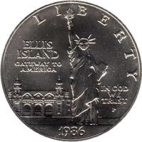 obverse of 1 Dollar - Statue of Liberty Centennial: Ellis Island and Statue of Liberty (1986) coin with KM# 214 from United States. Inscription: LIBERTY<br/>ELLIS<br/>ISLAND<br/>GATEWAY TO<br/>AMERICA<br/>IN GOD<br/>WE<br/>TRUST<br/>P<br/>1986