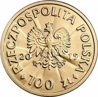 obverse of 100 Złotych - 100th Anniversary of Regaining Independence by Poland: Józef Piłsudski (2015) coin with Y# 932 from Poland. Inscription: RZECZPOSPOLITA POLSKA 20 15 100 ZŁ