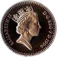 obverse of 5 Pence - Elizabeth II - 25th Anniversary of Decimal Currency - 3'rd Portrait (1990 - 1996) coin with KM# 937c from United Kingdom. Inscription: ELIZABETH II D · G · REG · F · D · 1990 RDM