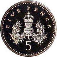 reverse of 5 Pence - Elizabeth II - 25th Anniversary of Decimal Currency - 3'rd Portrait (1990 - 1996) coin with KM# 937c from United Kingdom. Inscription: FIVE PENCE 5