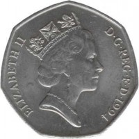 obverse of 50 Pence - Elizabeth II - 50th Anniversary of Normandy Invasion - 3'rd Portrait (1994) coin with KM# 966 from United Kingdom. Inscription: ELIZABETH II D · G · REG · F · D · 1994 RDM