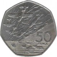 reverse of 50 Pence - Elizabeth II - 50th Anniversary of Normandy Invasion - 3'rd Portrait (1994) coin with KM# 966 from United Kingdom. Inscription: 50 PENCE