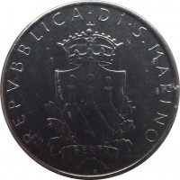 obverse of 100 Lire - Institutional Organs of the State (1979) coin with KM# 95 from San Marino. Inscription: REPVBBLICA. DI. S. MARINO LIBERTA