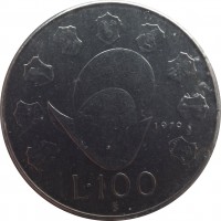 reverse of 100 Lire - Institutional Organs of the State (1979) coin with KM# 95 from San Marino. Inscription: 1979 L. 100