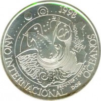 reverse of 1000 Escudos - International Year of the Oceans Expo (1998) coin with KM# 707 from Portugal. Inscription: 1998 EXPO '98 ESCULTOR ESPIGA ANO INTERNACIONAL DOS OCEANOS