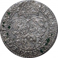 reverse of 6 Grossus - Sigismund III (1596 - 1599) coin with KM# 92 from Polish–Lithuanian Commonwealth. Inscription: VI GROS. ARGEN. SEX. REG. POLONI. 96