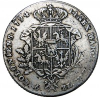 reverse of 6 Złotych - Stanisław II August (1794 - 1975) coin with KM# 216 from Polish–Lithuanian Commonwealth. Inscription: 14 1/12 EX MARCA PUR COLONIENS: 1794 6 ZŁ