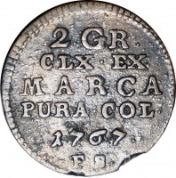 reverse of 2 Groschen - Stanisław II August (1766 - 1786) coin with KM# 184 from Polish–Lithuanian Commonwealth. Inscription: 2. GR. CLX. EX. MARCA PURA.COL. 1767 F.S.