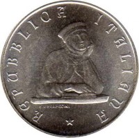 obverse of 200 Lire - 900th Anniversary of the University of Bolonga (1988) coin with KM# 128 from Italy. Inscription: REPUBLICA ITALIANA