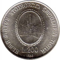 reverse of 200 Lire - 900th Anniversary of the University of Bolonga (1988) coin with KM# 128 from Italy. Inscription: ALMA MATER STUDIORUM SAECULARIA NONA L.200 1988