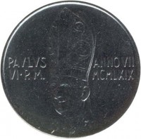 obverse of 100 Lire - Paul VI (1969) coin with KM# 114 from Vatican City. Inscription: PAVLVS VI · P.M. ANNOVII MCMLXIX