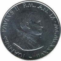 obverse of 100 Lire - John Paul II (1987) coin with KM# 202 from Vatican City. Inscription: IOANNES PAVLVS II P.M. AN. IX · MCMLXXXVII