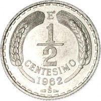 reverse of 1/2 Centesimo (1962 - 1963) coin with KM# 192 from Chile. Inscription: Eº 1 - 2 CENTESIMO 1962 So