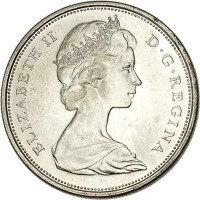 obverse of 50 Cents - Elizabeth II - 100th Anniversary of Canada (1967) coin with KM# 69 from Canada. Inscription: ELIZABETH II D · G · REGINA