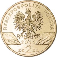 obverse of 2 Złote - Animals of the World: Bison (2013) coin with Y# 878 from Poland. Inscription: RZECZPOSPOLITA POLSKA 2013 ZŁ 2 ZŁ