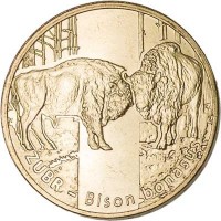 reverse of 2 Złote - Animals of the World: Bison (2013) coin with Y# 878 from Poland. Inscription: ŻUBR - Bison bonasus