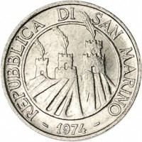 obverse of 5 Lire - Animals: Porcupine (1974) coin with KM# 32 from San Marino. Inscription: REPUBBLICA DI SAN MARINO - 1974 -