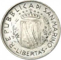 obverse of 5 Lire - FAO (1981) coin with KM# 118 from San Marino. Inscription: REPUBBLICA DI SAN MARINO LIBERTAS