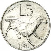 reverse of 5 Lire - FAO (1981) coin with KM# 118 from San Marino. Inscription: L.5 R 1981