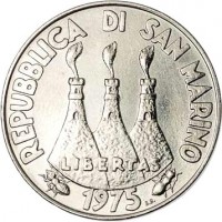 obverse of 10 Lire - Animals: Marmot (1975) coin with KM# 43 from San Marino. Inscription: REPUBBLICA DI SAN MARINO LIBERTAS 1975