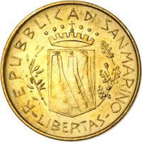 obverse of 20 Lire (1981) coin with KM# 120 from San Marino. Inscription: REPUBBLICA DI SAN MARINO LIBERTAS