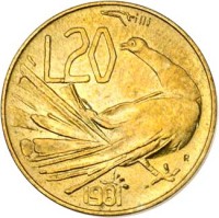 reverse of 20 Lire (1981) coin with KM# 120 from San Marino. Inscription: L20 1981