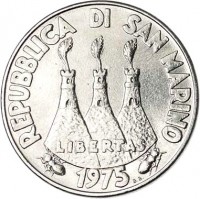 obverse of 50 Lire - Animals: Salmons (1975) coin with KM# 45 from San Marino. Inscription: REPUBBLICA DI SAN MARINO LIBERTAS 1975