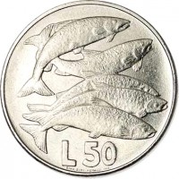 reverse of 50 Lire - Animals: Salmons (1975) coin with KM# 45 from San Marino. Inscription: L 50