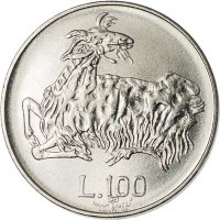 reverse of 100 Lire (1974) coin with KM# 36 from San Marino. Inscription: L. 100