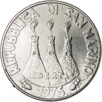 obverse of 100 Lire - Animals: Dog and Cat (1975) coin with KM# 46 from San Marino. Inscription: REPUBBLICA DI SAN MARINO LIBERTAS 1975