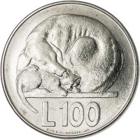 reverse of 100 Lire - Animals: Dog and Cat (1975) coin with KM# 46 from San Marino. Inscription: L 100