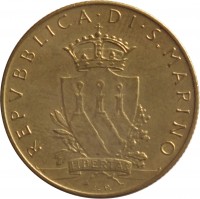 obverse of 200 Lire - FAO (1979) coin with KM# 96 from San Marino. Inscription: REPVBBLICA DI S.MARINO LIBERTAS