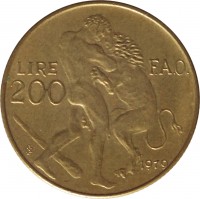 reverse of 200 Lire - FAO (1979) coin with KM# 96 from San Marino. Inscription: LIRE 200 F.A.O. 1979