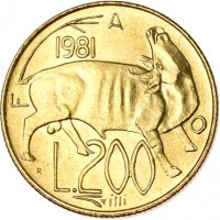 reverse of 200 Lire - FAO (1981) coin with KM# 123 from San Marino. Inscription: FAO 1981 R L. 200