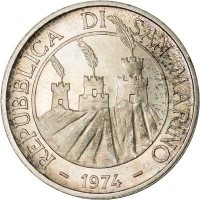 obverse of 500 Lire (1974) coin with KM# 37 from San Marino. Inscription: REPUBBLICA DI SAN MARINO - 1974 -