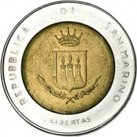 obverse of 500 Lire - Nuclear War Threat (1983) coin with KM# 153 from San Marino. Inscription: REPUBBLICA DI SAN MARINO LIBERTAS