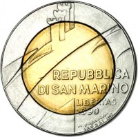 obverse of 500 Lire - 16 Centuries of San Marino History (1990) coin with KM# 256 from San Marino. Inscription: REPUBBLICA DI SAN MARINO LIBERTAS 1990 M. DOBRUCKA GROSSI INC.