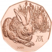 obverse of 5 Euro - Dürer's Young Hare - Copper (2016) coin with KM# 3251 from Austria. Inscription: A D 2016