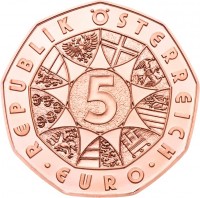 reverse of 5 Euro - Dürer's Young Hare - Copper (2016) coin with KM# 3251 from Austria. Inscription: REPUBLIK ÖSTERREICH 5 · EURO ·