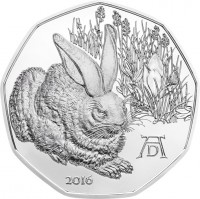 obverse of 5 Euro - Dürer's Young Hare - Silver (2016) coin with KM# 3251a from Austria. Inscription: A D 2016