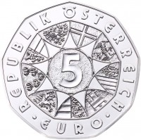 reverse of 5 Euro - Dürer's Young Hare - Silver (2016) coin with KM# 3251a from Austria. Inscription: REPUBLIK ÖSTERREICH 5 · EURO ·