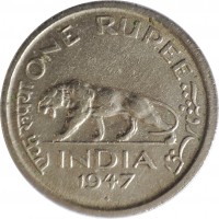 reverse of 1 Rupee - George VI (1947) coin with KM# 559 from India. Inscription: एक रूपया ONE RUPEE یک روپیہ INDIA 1947