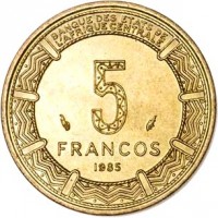 reverse of 5 Francos (1985) coin with KM# 62 from Equatorial Guinea. Inscription: BANQUE DES ETATS DE L'AFRIQUE CENTRALE 5 FRANCOS 1985