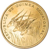 obverse of 25 Francos (1985) coin with KM# 60 from Equatorial Guinea. Inscription: REPUBLICA DE GUINEA ECUATORIAL