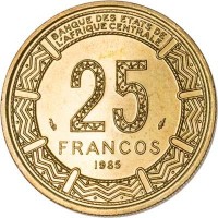 reverse of 25 Francos (1985) coin with KM# 60 from Equatorial Guinea. Inscription: BANQUE DES ETATS DE L'AFRIQUE CENTRALE 25 FRANCOS 1985