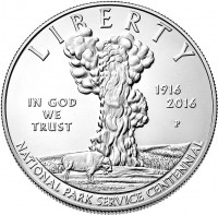 obverse of 1 Dollar - 100th Anniversary of the National Park Service (2016) coin with KM# 645 from United States. Inscription: LIBERTY 1916 2016 IN GOD WE TRUST P NATIONAL PARK SERVICE CENTENNIAL